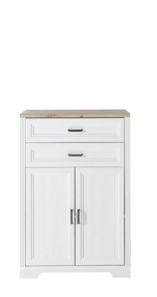 möbelando Aktenschrank Jasmin Aktenschrank im modernen Landhausstil in Pinie hell Nachbildung, Absetzung in Artisan Eiche Nachbildung, Korpus aus Spanplatte, Front aus MDF mit 2 Holztüren, 2 Schubkästen und 1 Einlegeboden. Breite 86 cm, Höhe 127 cm, Tiefe 38 cm von möbelando