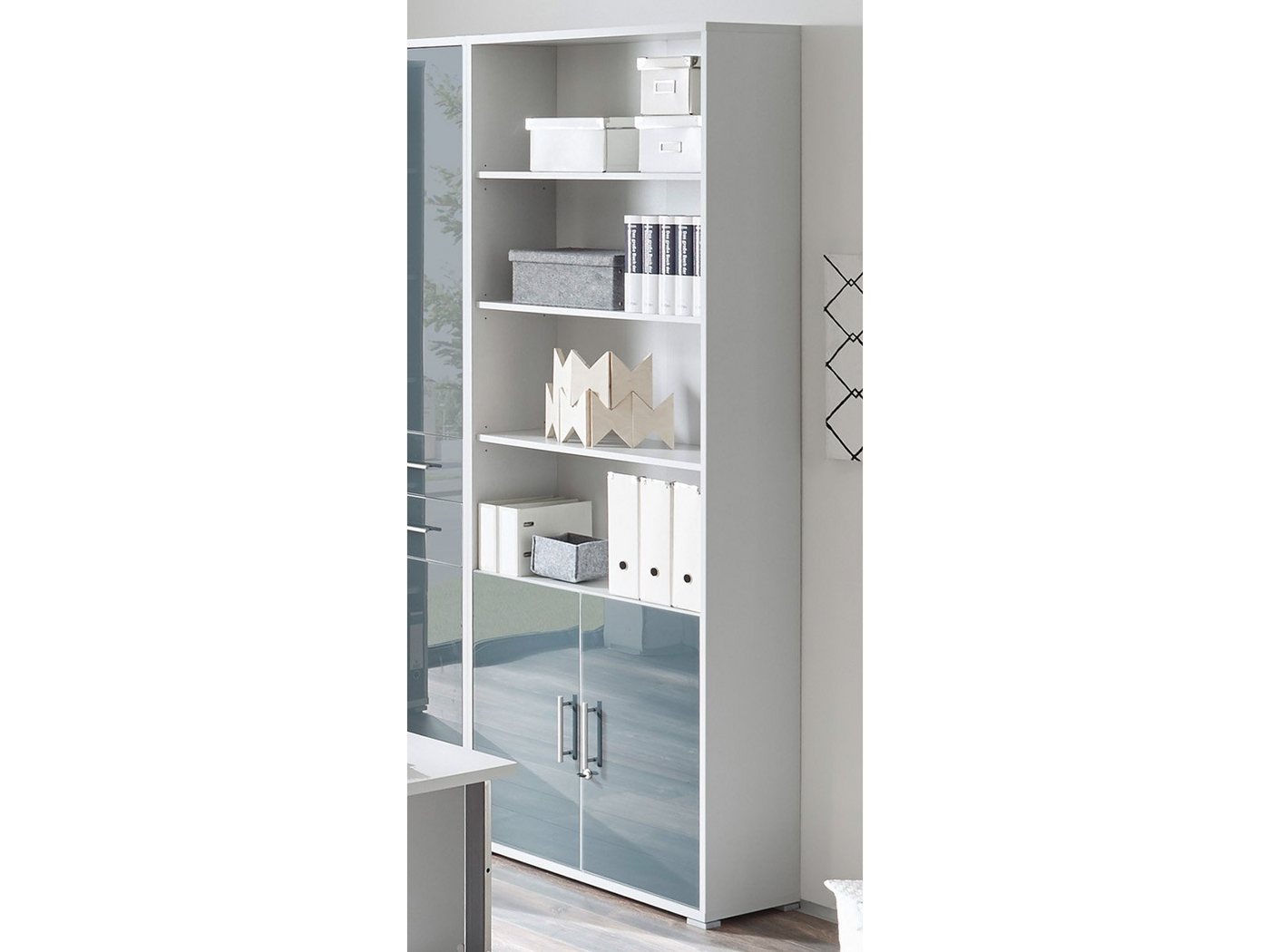 möbelando Aktenschrank Olivia Moderner Aktenschrank aus Spanplatte in Lichtgrau, Front mit Glas in Graphit lackiert mit 2 Türen, 4 Einlegeböden und 1 Schloss. Breite 79 cm, Höhe 220 cm, Tiefe 35 cm von möbelando