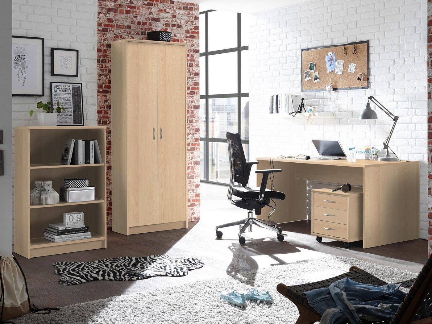 möbelando Aktenschrank Olli (4-St) Modernes Büro-Set aus Spanplatte in Buche Nachbildung bestehend aus 1 Regal, 1 Schrank, 1 Schreibtisch und 1 Rollcontainer von möbelando