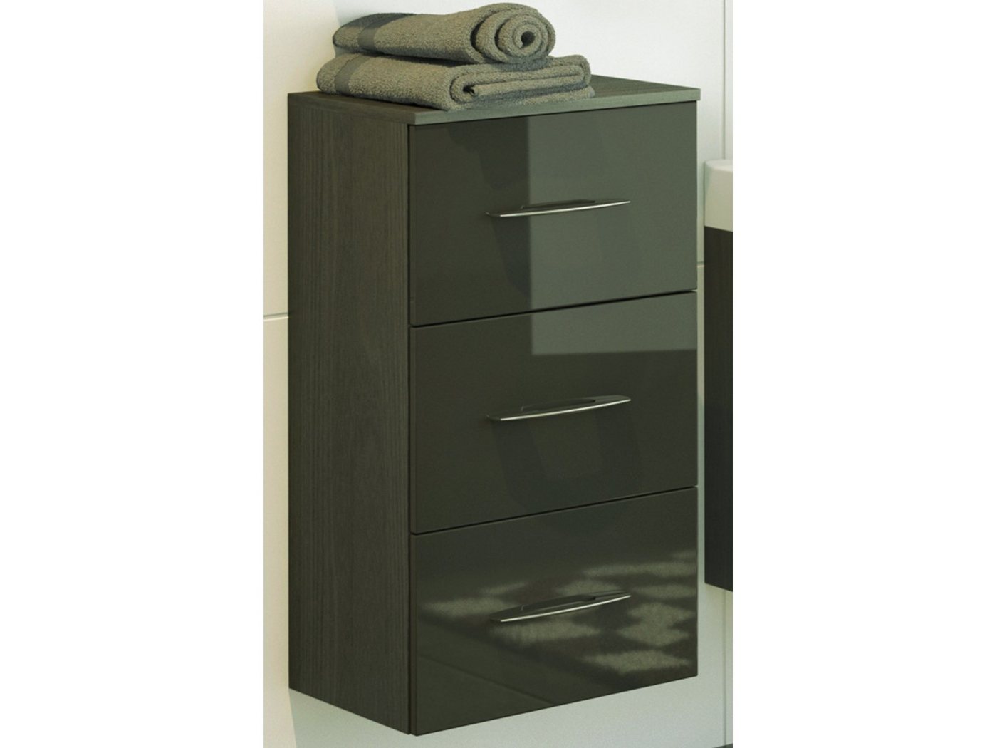 möbelando Auszugsunterschrank Graphit Auszugschrank, Korpus aus Spanplatte in graphitgrau und Front aus mitteldichter Holzfaserplatte (MDF) in Grau-Hochglanz mit 3 Auszügen mit Metallzarge und Softclose-Funktion. Breite 40 cm, Höhe 79 cm, Tiefe 35 cm von möbelando