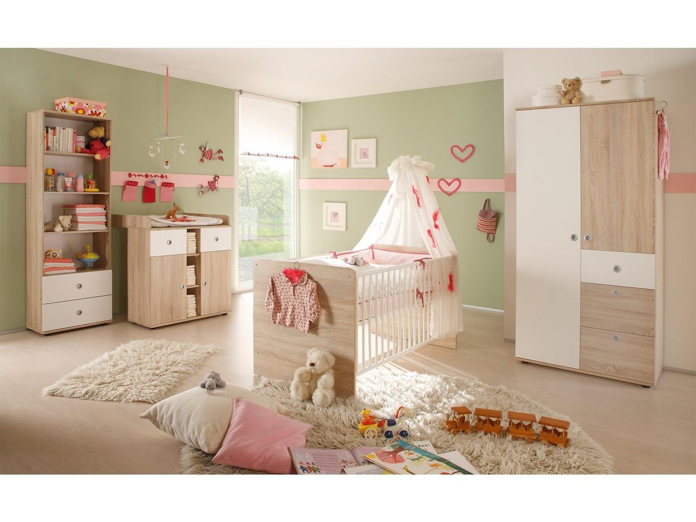 möbelando Babymöbel-Set Babyzimmer (4-teilig) Floris II", (4-St), Modernes Babyzimmer aus Spanplatte in Sonoma-Eiche Nachbildung, Absetzungen in Weiß bestehend aus 1x Regal, 1x Wickelkommode, 1 Babybett und 1 Kinder-Kleiderschrank." von möbelando