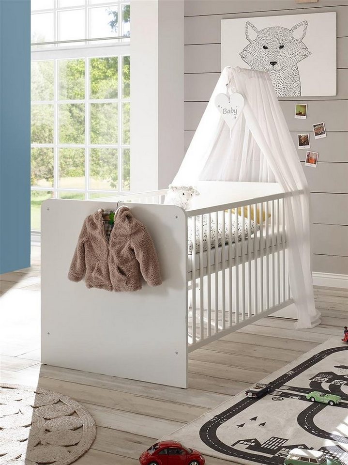 möbelando Babybett Paula, Sicheres Babybett mit 70 x 140 cm Liegefläche - Schönes Baby Gitterbett für einen geborgenen Schlaf in Weiß - 82 x 81 x 144 cm (B/H/T) von möbelando
