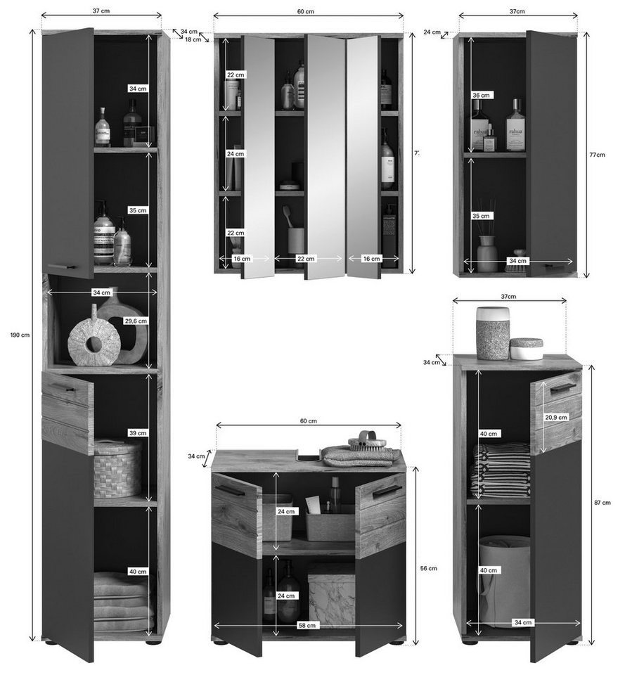 möbelando Badezimmer-Set Missoula, Modernes Badezimmer-Set, Korpus in Nox Oak", Front aus in Basalt Grau mit abgesetzter Rillenoptik in Nox Oak, bestehend aus Hänge-, Unterbecken-, Unter-, Spiegel- und Hochschrank, ohne Beleuchtung, Individuelles Stellmaß" von möbelando