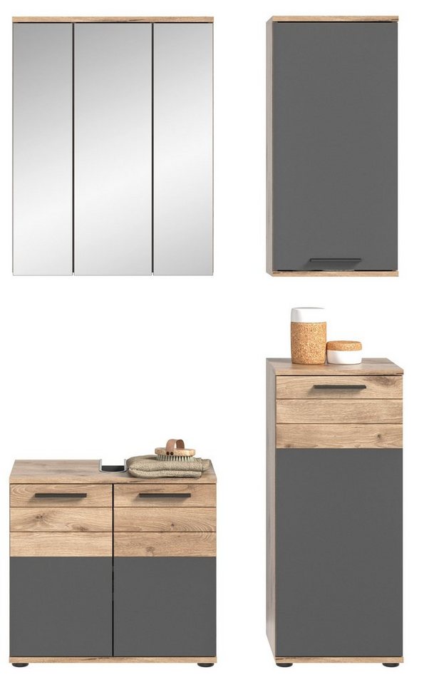 möbelando Badezimmer-Set Missoula, Modernes Badezimmer-Set, Korpus in Nox Oak", Front aus in Basalt Grau mit abgesetzter Rillenoptik in Nox Oak, bestehend aus Hänge-, Unterbecken-, Unter- und Spiegelschrank, ohne Beleuchtung, Individuelles Stellmaß" von möbelando