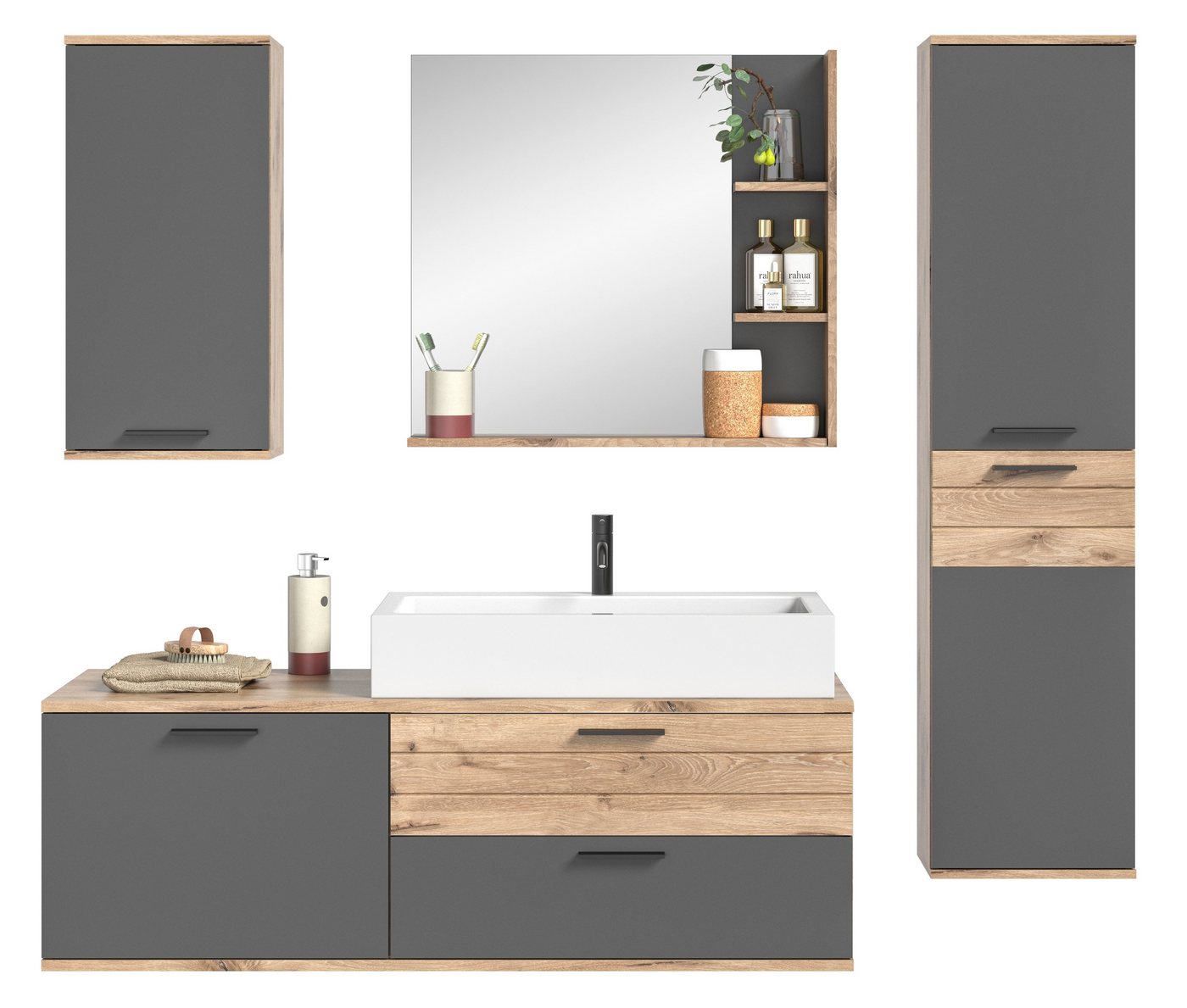 möbelando Badezimmer-Set Missoula, Modernes Badezimmer-Set, Korpus in Nox Oak", Front aus in Basalt Grau mit abgesetzter Rillenoptik in Nox Oak, bestehend aus Hänge- und Hochschrank sowie Waschtisch und Spiegel, ohne Beleuchtung, Individuelles Stellmaß" von möbelando