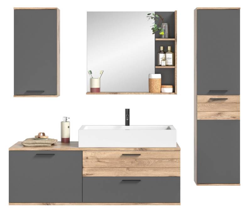 möbelando Badezimmer-Set Missoula, Modernes Badezimmer-Set, Korpus in Nox Oak", Front aus in Basalt Grau mit abgesetzter Rillenoptik in Nox Oak, bestehend aus Hänge- und Hochschrank sowie Waschtisch und Spiegel, ohne Beleuchtung, Individuelles Stellmaß" von möbelando