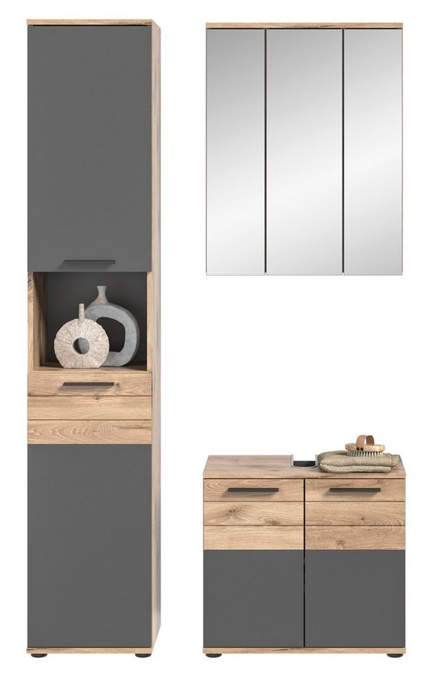 möbelando Badezimmer-Set Missoula, Modernes Badezimmer-Set, Korpus in Nox Oak", Front aus in Basalt Grau mit abgesetzter Rillenoptik in Nox Oak, bestehend aus Unterbecken-, Spiegel- und Hochschrank, ohne Beleuchtung, Individuelles Stellmaß" von möbelando