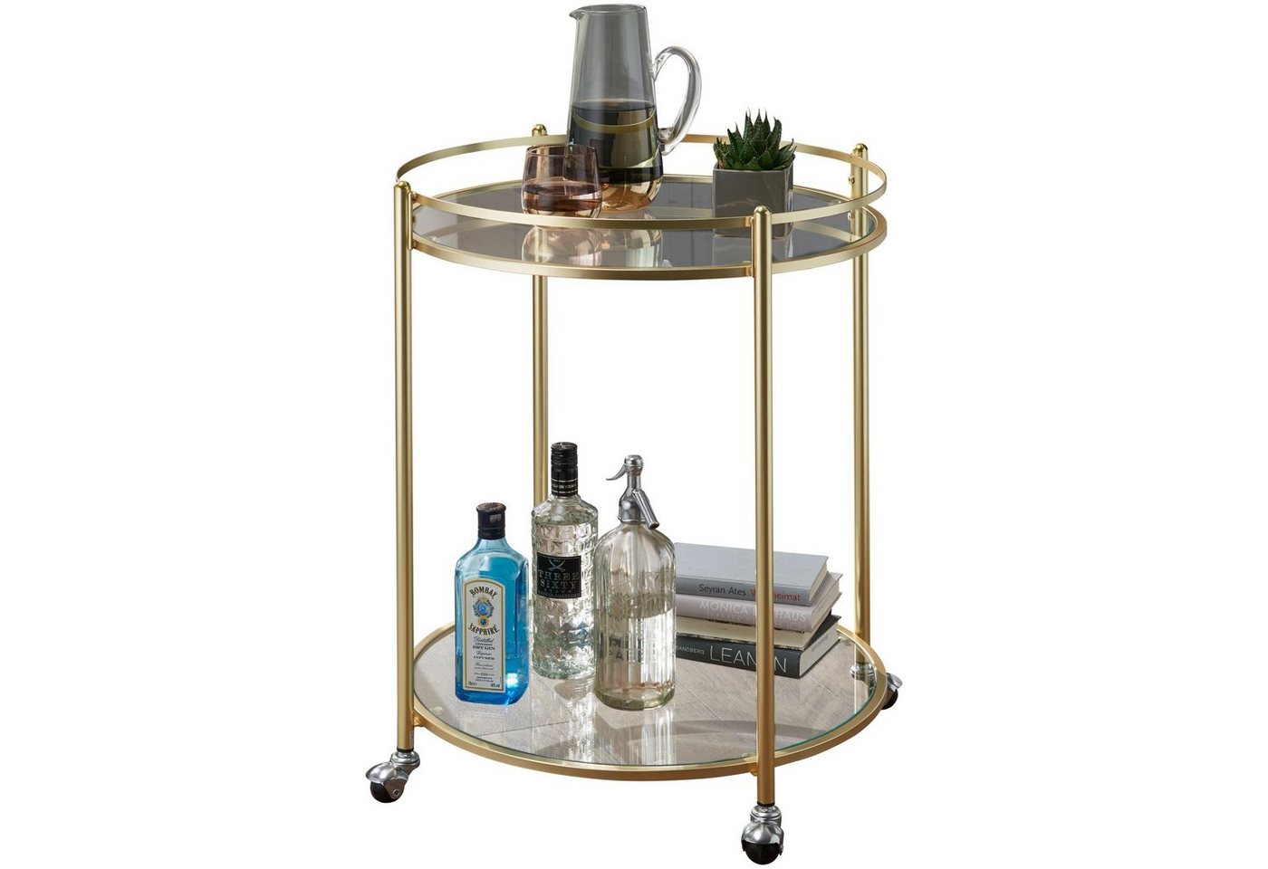 möbelando Servierwagen Design Servierwagen Gold Ø 57 cm Beistelltisch, Design Servierwagen Gold Ø 57 cm Beistelltisch, Teewagen Metall mit Rollen, Küchenwagen mit Glasplatten, Barwagen Rund 75 cm hoch, Küchentrolley Modern, Rollwagen von möbelando