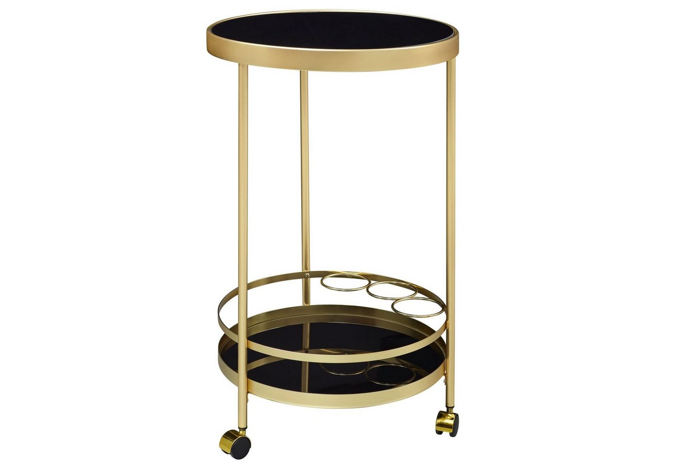 möbelando Servierwagen Design Servierwagen Gold Rund Ø 45cm 2 Ebenen, Design Servierwagen Gold Rund Ø 45cm 2 Ebenen, Beistelltisch auf Rollen mit Glasplatte Schwarz Speisewagen, Küchenwagen, Teewagen von möbelando