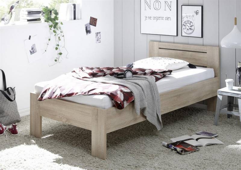 möbelando Futonbett Saturn, Stilvolles Futonbett 90 x 200 cm - Komfortables Jugendzimmer Einzelbett in Eiche Sonoma Optik - 95 x 76 x 204 cm (B/H/T) von möbelando