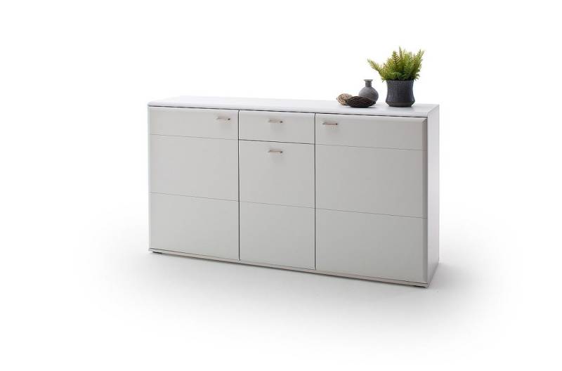 möbelando Beistellschrank Amora Modernes Sideboard, Front in weiß matt tiefgezogen Nachbildung, innen weiß matt Melamin Nachbildung, Korpus DBS Holzwerkstoff in weiß matt Nachbildung mit 3 Holztüren, 1 Schubkasten und 4 Einlegeböden. Breite 165 cm, Höhe 90 cm, Tiefe 44 cm von möbelando