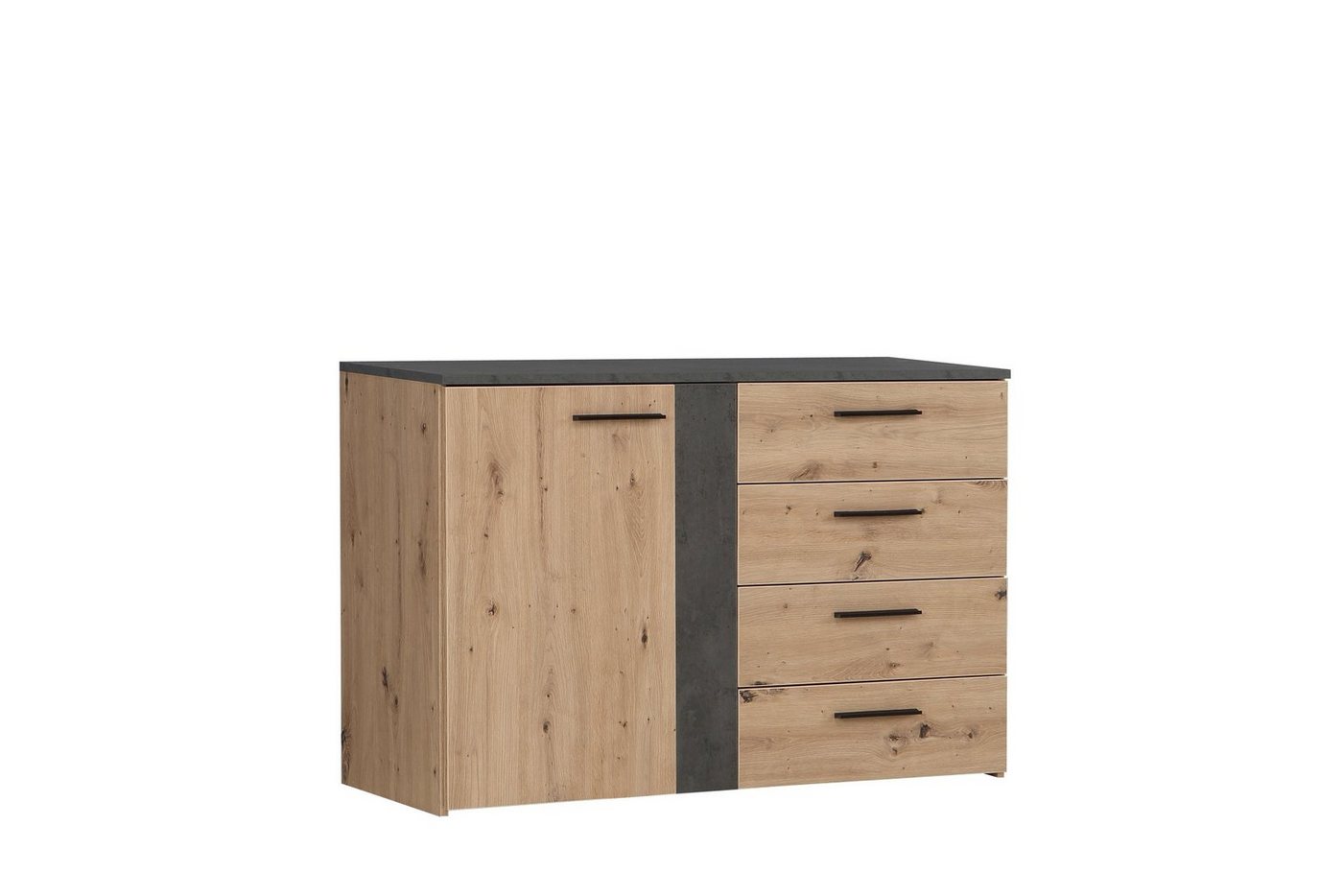 möbelando Beistellschrank Feliks Moderne Kommode aus Spanplatte in Artisan Eiche Nachbildung, Absetzung in Betonoptik Dunkelgrau mit 1 Holztür, 4 Schubkästen und 2 Einlegeböden. Breite 120,1 cm, Höhe 80,5 cm, Tiefe 41,3 cm von möbelando