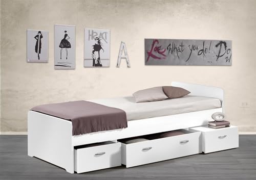 möbelando Bradford Modernes Einzelbett mit 3X Schubkästen 90 x 200 cm - Praktisches Jugendzimmer Kojenbett in Weiß - 95 x 66 x 204 cm (B/H/T) von möbelando