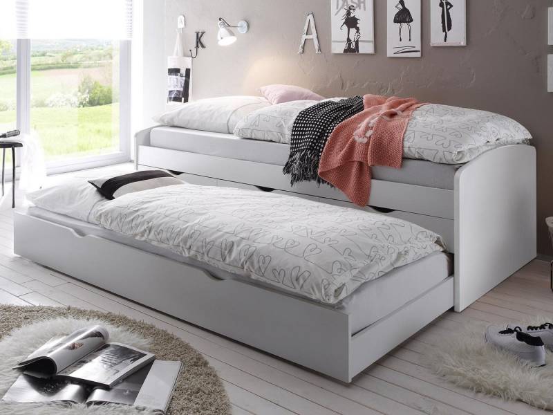 möbelando Bett Georgina, Modernes Bett aus Spanplatte in Weiß mit 3 Schubkästen und Gästebett-Funktion. Liegeflächen 90 x 200 cm. Breite 96 cm, Höhe 64 cm, Tiefe 206 cm von möbelando