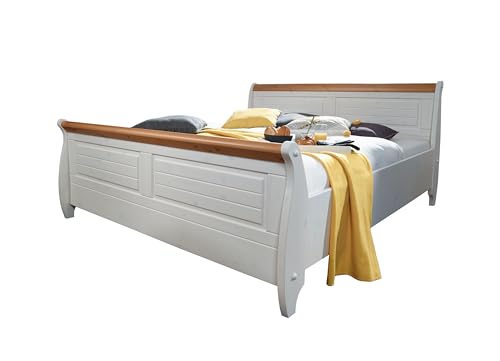 möbelando Bett >SZ-0132< in weiß mit Absetzung honigfarben - 187x99x223 (BxHxT) von möbelando