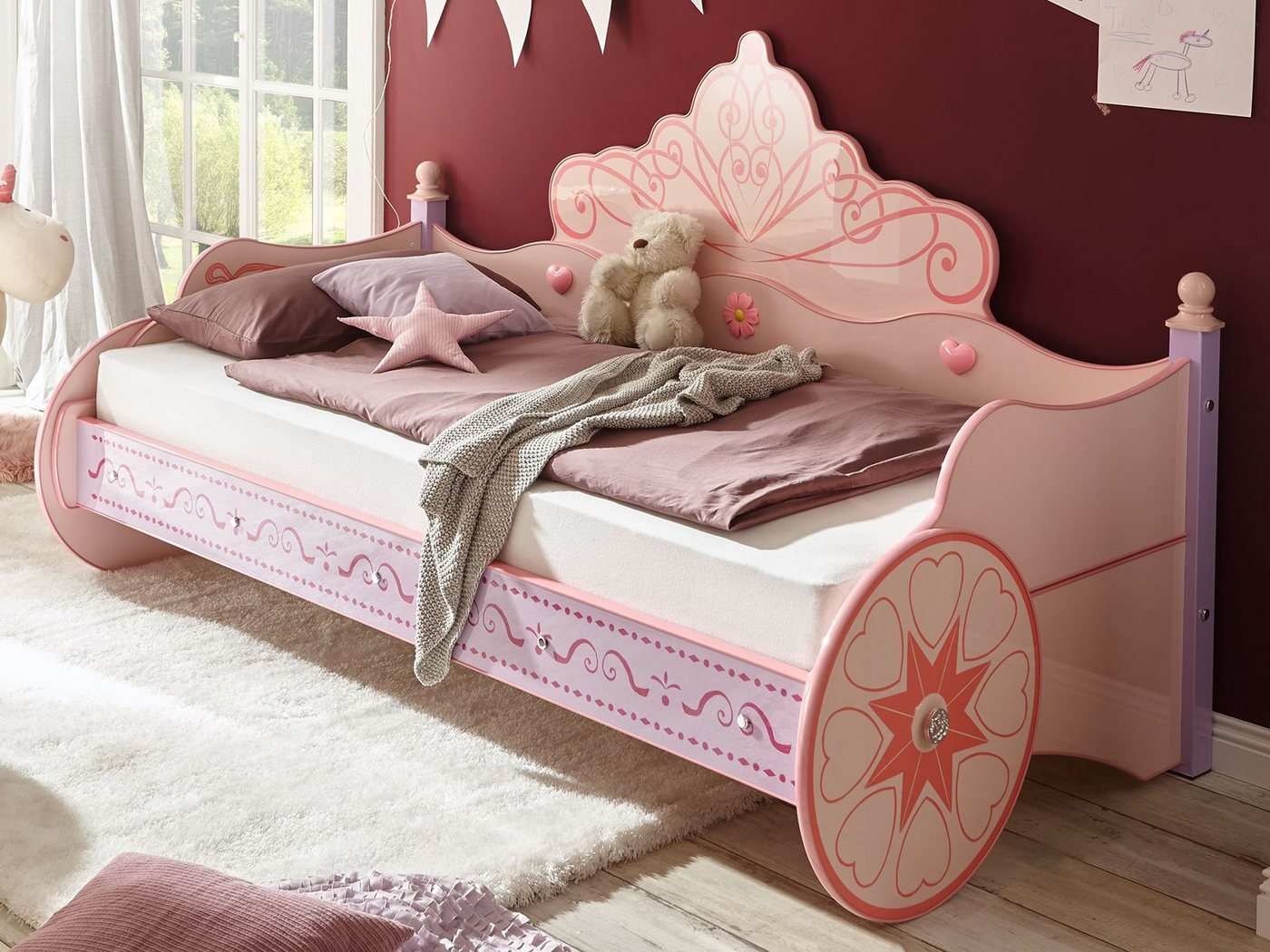 möbelando Kinderbett Papirette, Modernes Kinderbett aus MDF Glanz lackiert in verschiedenen Pink- und Rosatönen. Liegefläche 90x200 cm. Breite 104,5 cm, Höhe 120 cm, Tiefe 211,5 cm von möbelando