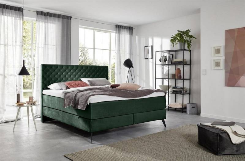 möbelando Boxspringbett LA Maison, Das Boxspringbett im Samtstoff mit gestepptem Kopfteil, ist auf einem hochwertigen Holzrahmen mit Bonnell-Federkern und einer 7-Zonen-Tonnentaschenfederkern-Matratze (TTFK 350) mit optimaler Körperanpassungsfähigkeit und hervorragender Punktelastizität durch sensible Federn, die einzeln in Taschen eingenäht sind. von möbelando