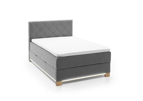 möbelando Boxspringbett >Messina< Liegefläche 140x200cm, hellgrau, Bettkasten, USB-Anschluss & LED-Beleuchtung ? inklusive Matratze, Topper, Jugend- oder Gästezimmer, Stellmaß: 142x120x213cm (BxHxT). von möbelando