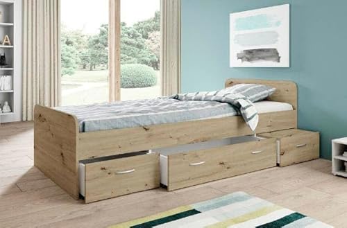 möbelando Bradford Modernes Einzelbett mit 3X Schubkästen 90 x 200 cm - Praktisches Jugendzimmer Kojenbett in Artisan Eiche - 95 x 66 x 204 cm (B/H/T) von möbelando