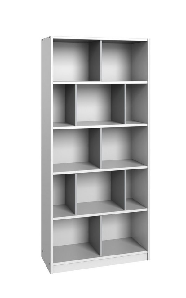 möbelando Bücherregal in Weiß mit 4 Einlegeböden und Absetzungen in Hellgrau, B/H/T: 90x197x38 cm von möbelando