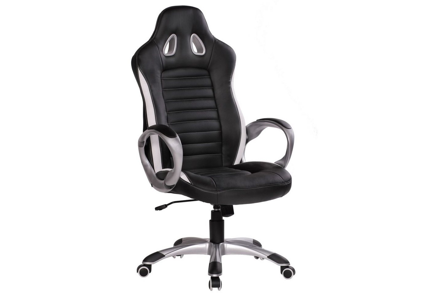 möbelando Bürostuhl Bürostuhl SPA Leder Optik Schwarz Gaming Chefsesse, Bürostuhl SPA Leder Optik Schwarz Gaming Chefsessel mit Armlehne gepolstert 110 kg Sport-Sitz Drehstuhl Kopfstütze Race Schreibtischstuhl Gamer Design Modern Drehsessel Racing von möbelando