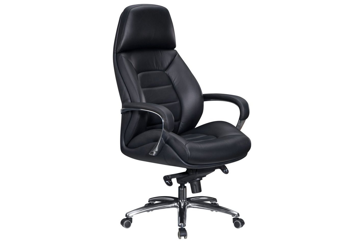 möbelando Bürostuhl Designer Bürostuhl Bezug Echtleder Schwarz Schreib, Designer Bürostuhl Bezug Echtleder Schwarz Schreibtischstuhl bis 120 kg, XXL Design Chefsessel höhenverstellbar, Drehstuhl ergonomisch mit Armlehnen & hoher Rückenlehne, Wippfunktion von möbelando