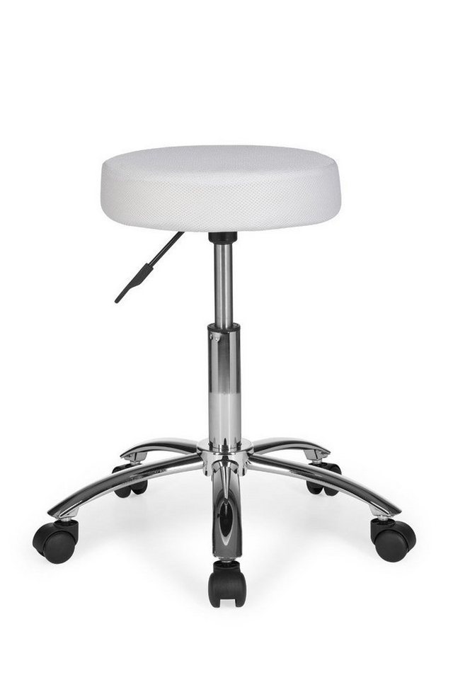 möbelando Arbeitshocker Hocker Design Arbeitshocker Stoffbezug Weiß Sitzhocker mit Rollen, 55 x 55 x 70 x 55 cm (B/D/H/L) von möbelando