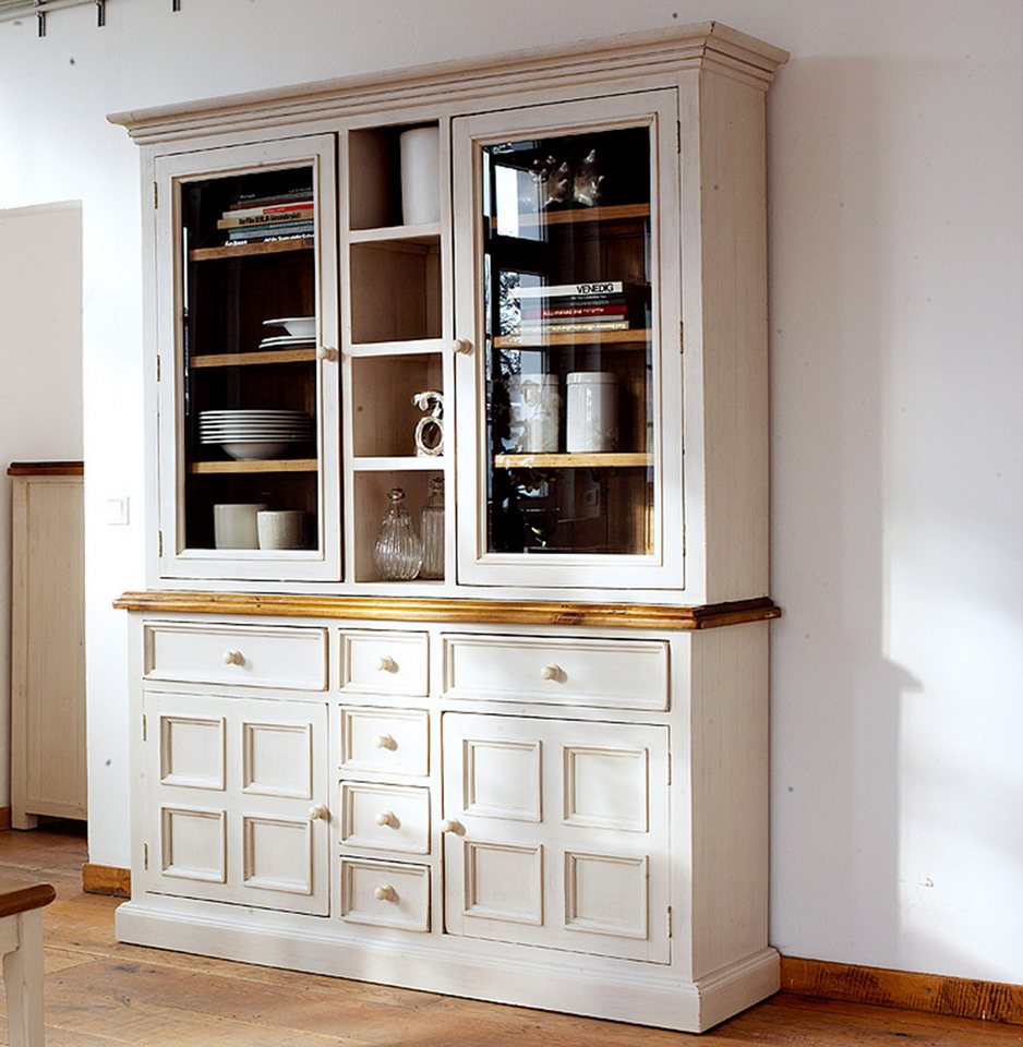 möbelando Buffet Boscobe Buffet im Landhausdesign aus Recycle Kiefer Massivholz in Weiß, Absetzungen in Honigfarben mit 2 Glas-/Holztüren, 2 Holztüren, 6 Schubkästen und 11 Ablageböden. Breite 166 cm, Höhe 215 cm, Tiefe 45 cm von möbelando