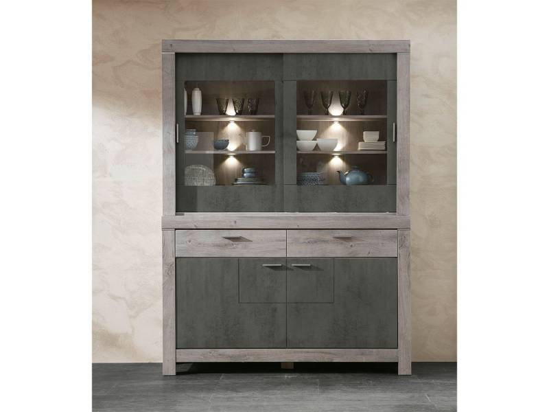 möbelando Buffet Gravesend Modernes Buffet in Haveleiche Nachbildung / Beton Oxid Nachbildung, Korpus aus Spanplatte, Front aus MDF bestehend aus 1 Sideboard und 1 Buffet-Aufsatz, inkl. LED-Beleuchtung. Breite 156 cm, Höhe 211 cm, Tiefe 42 cm von möbelando