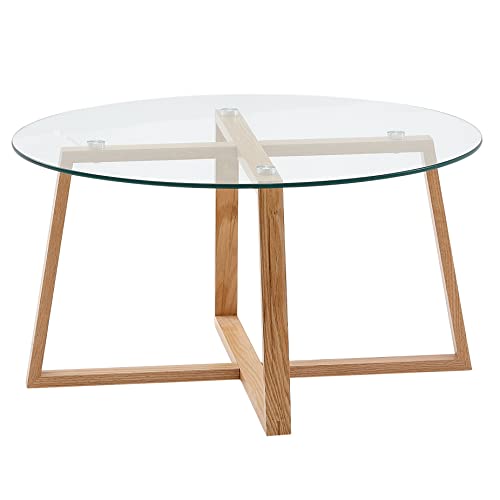 möbelando Couchtisch 78x78x41 cm Sofatisch Eiche Massivholz/Glas Rund | Design Wohnzimmertisch Modern | Holztisch Stubentisch Groß | Kaffeetisch Tisch Wohnzimmer Echtholz von möbelando