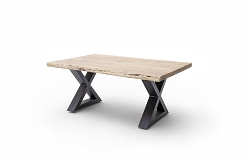 möbelando Couchtisch >Cartagena< Couchtisch 110x70 cm quadratische Natur lackierte Akazienholzplatte FSC 100% X-Kufen Metallgestell anthrazit modernes Life-Edge Design robust langlebig von möbelando