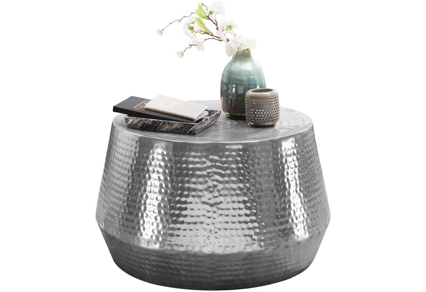 möbelando Couchtisch Couchtisch 60x36x60 cm Aluminium Beistelltisch, Couchtisch 60x36x60 cm Aluminium Beistelltisch Silber Orientalisch Rund, Flacher Hammerschlag Sofatisch Metall, Design Wohnzimmertisch Modern, Loungetisch Indisch Stubentisch Klein von möbelando