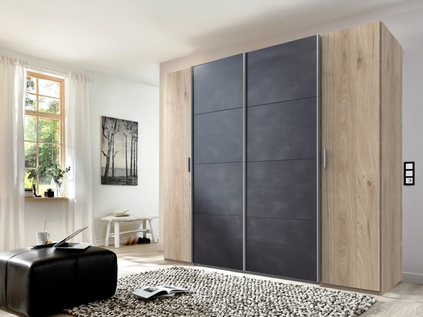 freiraum Dreh-/Schwebetürenschrank Lotto (BxH: 227x210 cm) in HICKORY OAK NACHBILDUNG + RAW STEEL mit 4 Türen und 10 Einlegeböden von freiraum