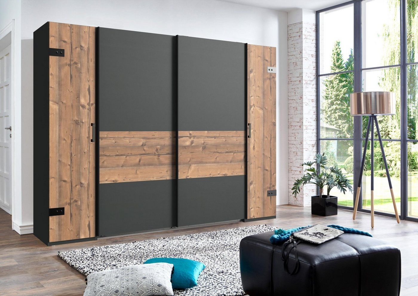 freiraum Dreh-/Schwebetürenschrank Stockholm (B/H/T: 272x210x65 cm) in braun mit 4 Türen und 10 Einlegeböden von freiraum