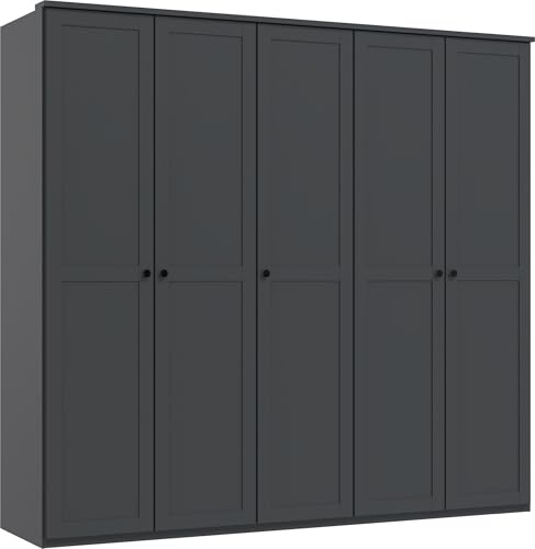 möbelando Drehtürenschrank >Chalet< in Graphit ? 225 cm Breite, 210 cm Höhe, 58 cm Tiefe, mit 5 Türen, 3 Einlegeböden & 3 Kleiderstangen ? Made in Germany, zerlegt geliefert von möbelando