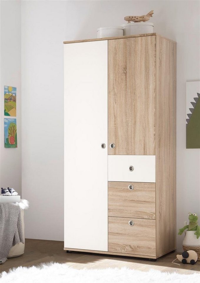 möbelando Drehtürenschrank »Floris« Moderner Kinder-Kleiderschrank aus Spanplatte in Sonoma-Eiche Nachbildung, Absetzungen in Weiß mit 3 Schubkästen und 2 Türen dahinter 2 Kleiderstangen und 3 Einlegeböden. Breite 90 cm, Höhe 191 cm, Tiefe 53 cm möbelando Drehtürenschrank »Floris« Moderner Kinder-Kleiderschrank aus Spanplatte in Sonoma-Eiche Nachbildung, Absetzungen in Weiß mit 3 Schubkästen und 2 Türen dahinter 2 Kleiderstangen und 3 Einlegeböden. Breite 90 cm, Höhe 191 cm, Tiefe 53 cm von möbelando