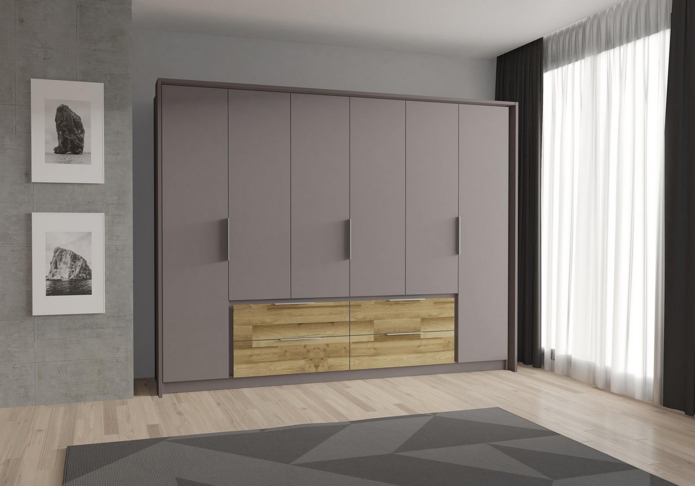 möbelando Drehtürenschrank Lek Moderner Kleiderschrank aus Spanplatte in Uni Wolfram Grey, Absetzungen in Stave Oak Nachbildung mit 6 Holztüren, 4 Schubkästen, 3 Konstruktionsböden, 2 Einlegeböden und 2 Kleiderstangen. Breite 269,7 cm, Höhe 210,5 cm, Tiefe 60 cm von möbelando