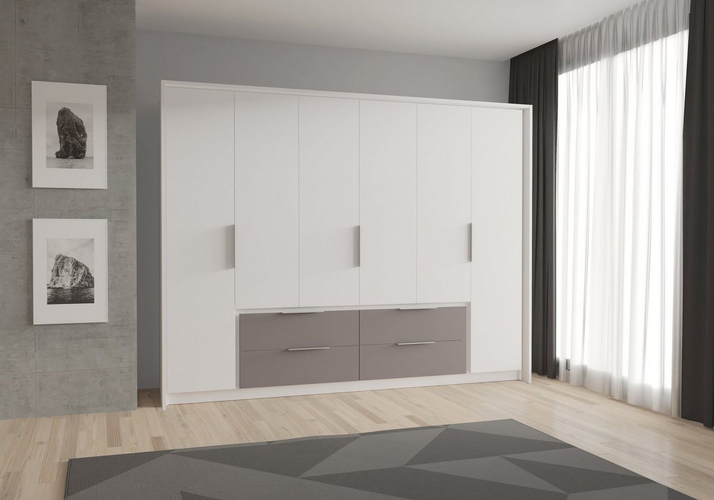 möbelando Drehtürenschrank Lek Moderner Kleiderschrank aus Spanplatte in Weiß, Absetzungen in Uni Wolfram Grey mit 6 Holztüren, 4 Schubkästen, 3 Konstruktionsböden, 2 Einlegeböden und 2 Kleiderstangen. Breite 269,7 cm, Höhe 210,5 cm, Tiefe 60 cm von möbelando