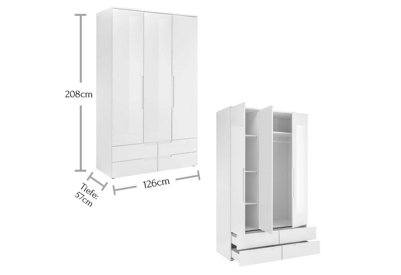 möbelando Kleiderschrank Suzette Eleganter Kleiderschrank mit viel Stauraum - Vielseitiger Drehtürenschrank in Weiß / Weiß-Hochglanz - 126 x 208 x 57 cm (B/H/T) von möbelando