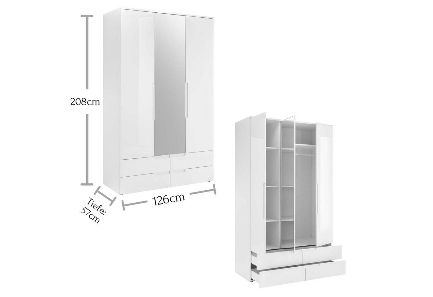 möbelando Kleiderschrank Suzette Eleganter Kleiderschrank mit viel Stauraum & Spiegeltür - Vielseitiger Drehtürenschrank in Weiß /Weiß-Hochglanz - 126 x 208 x 57 cm (B/H/T) von möbelando