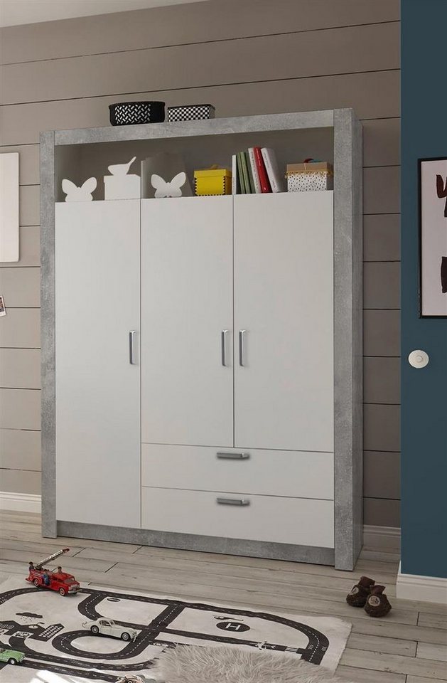 möbelando Drehtürenschrank Timo Eleganter Babyzimmer Kleiderschrank 3-türig - Vielseitiger Drehtürenschrank mit viel Stauraum in Beton-Optik, weiß - 137 x 196 x 56 cm (B/H/T) von möbelando