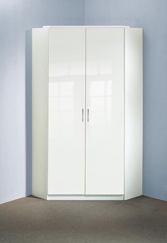 möbelando Eckkleiderschrank >Clack< in Hochglanz Lack Weiss - 95x198x95cm (BxHxT) von möbelando