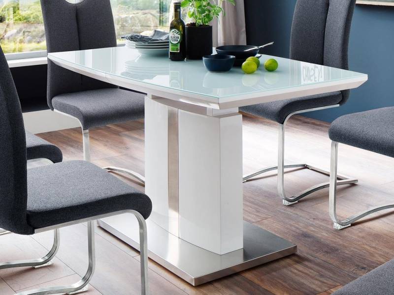 möbelando Esstisch Nuneaton, Bootsform mit Synchronauszug und Klappeinlage in Weiß-Hochglanz von möbelando