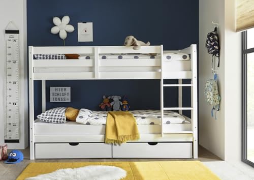 möbelando Etagenbett >Moritz/Eddie< mit 2er-Schubkasten, 2 in 1 ? Doppelhochbett oder einzeln stellbar, Kiefer Massivholz Weiss - 207x140x97cm (BxHxT) von möbelando