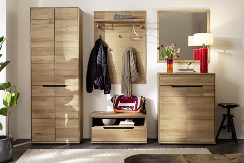 möbelando Garderoben-Set >Araya< 5-teilig, mit massiv geölter Front, natürlich-modernem Design, FSC®-Zertifiziert, inkl. Spiegel, Schuhkommode & Paneel in Eiche, 227x195x40,5 (BxHxT). von möbelando