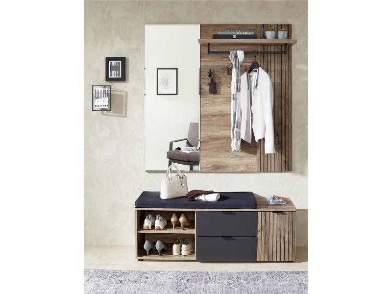 möbelando Garderoben-Set Lydias, (3-St), Moderne 3-teilige Garderobe, Korpus aus Spanplatte in Flagstaff Oak Umbra Nachbildung, Front aus MDF in Cosmos Grey supermatt, Absetzung Leistenoptik in Flagstaff Oak Umbra Nachbildung mit 1 Holztür, 2 Schubkästen, 2 Einlegeböden, 1 Ablageboden, 1 Kleiderstange, 3 Garderobenhaken und 2 offenen Fächer. Stellmaß ca. Breite 134 cm, Höhe 204 cm, Tiefe 38 cm von möbelando