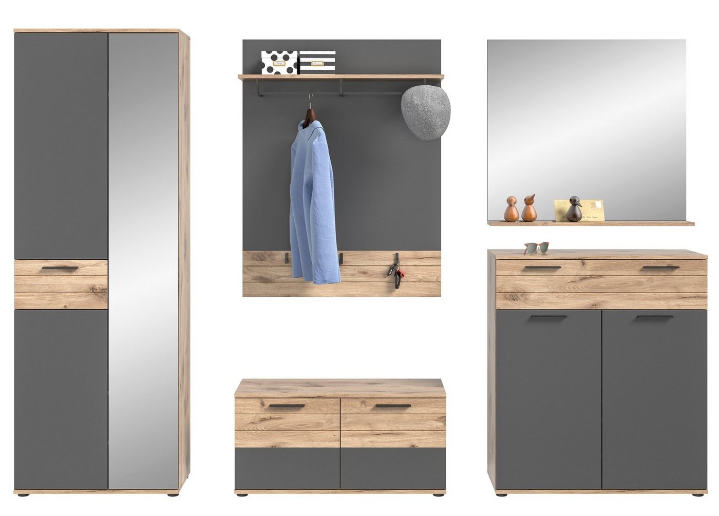 möbelando Garderoben-Set Missoula, Moderne Garderobe, Korpus aus Spanplatte in Nox Oak, Front aus MDF in Basalt Grau mit abgesetzter Rillenoptik in Nox Oak, bestehend aus Garderoben- und Schuhschrank, Paneel, Bank und Spiegel, individuelles Stellmaß von möbelando