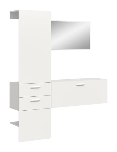 möbelando Garderoben-Set >Vaga< in weiß Melamin 2 Schubkästen Vollauszug Garderobe, Flur, Diele 3-teilige Garderobenkomb 1x Garderobenschrank, 1x Garderobenpaneel, 1x Spiegel 156x190x36 (BxHxT) von möbelando