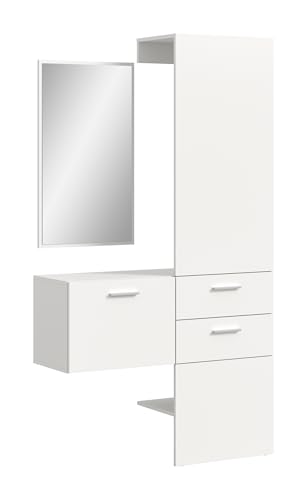möbelando Garderoben-Set >Vaga< in weiß Melamin 2 Schubkästen Vollauszug Garderobe, Flur, Diele 3-teilige Garderobenkombi 1x Garderobenschrank, 1x Garderobenpaneel, 1x Spiegel 104x190x36 (BxHxT) von möbelando