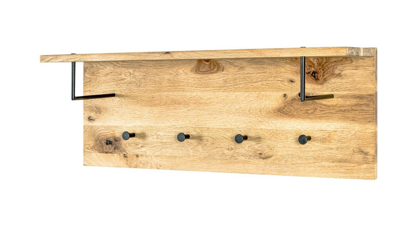 möbelando Garderobenleiste Wandgarderobe Torino Oak 11", Wandgarderobe aus Massivholz Eiche geölt (Royal Oak) mit Hutablage, Garderobenbügel und 4 Haken aus Metall in schwarz pulverbeschichtet" von möbelando